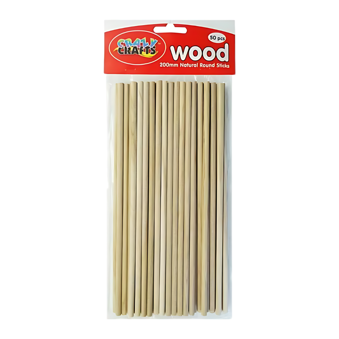 Crazy Craft Wood Sticks - Round, Plain, 200mm, 50s