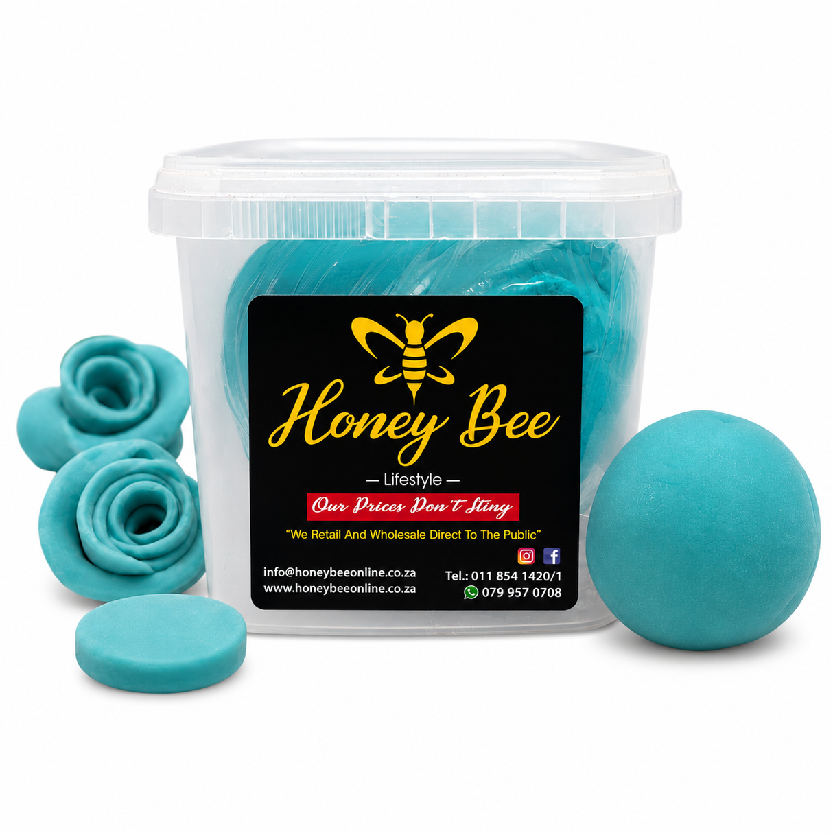 A clear plastic tub filled with bright turquoise blue dough, with several matching blue pieces arranged around it on a white background. The front label reads Honey Bee with a bee logo and contact details.