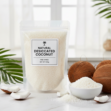Desiccated coconut package with a bowl of coconut pieces on a light background