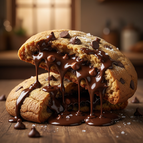 Two large chocolate chip cookies stacked and broken open, covered with melted dark chocolate and drizzled with syrup on a wooden surface.