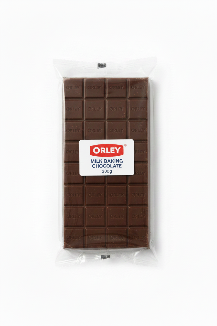 A 200g bar of Orley Milk Baking Chocolate in its clear plastic packaging, shown against a plain white background.