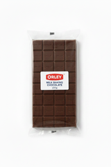 A 200g bar of Orley Milk Baking Chocolate in its clear plastic packaging, shown against a plain white background.