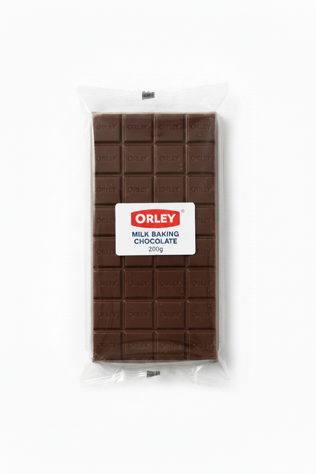 A 200g bar of Orley Milk Baking Chocolate in its clear plastic packaging, shown against a plain white background.
