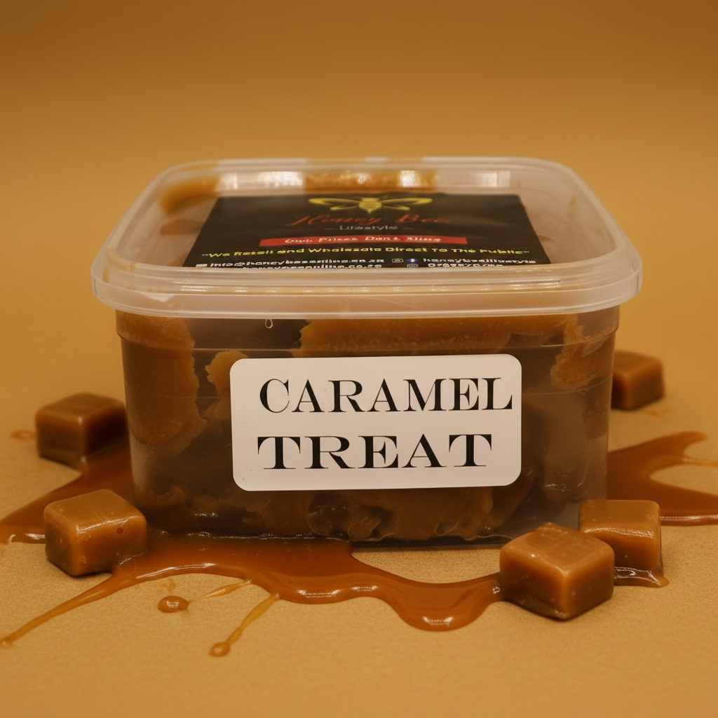 A clear plastic tub of caramel treat with a white label reading 'CARAMEL TREAT' and a black lid label, styled with caramel drizzle and caramel cubes on a tan background.