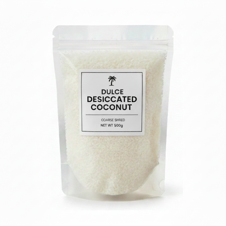 Packaged desiccated coconut with a label on a white background