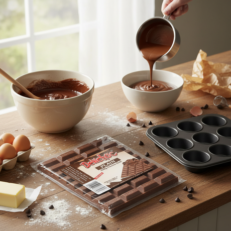 A package of D'Orsayo Plain Chocolate squares sits on a wooden kitchen counter next to a black muffin tin, with bowls of chocolate batter and eggs nearby, suggesting a baking scene.
