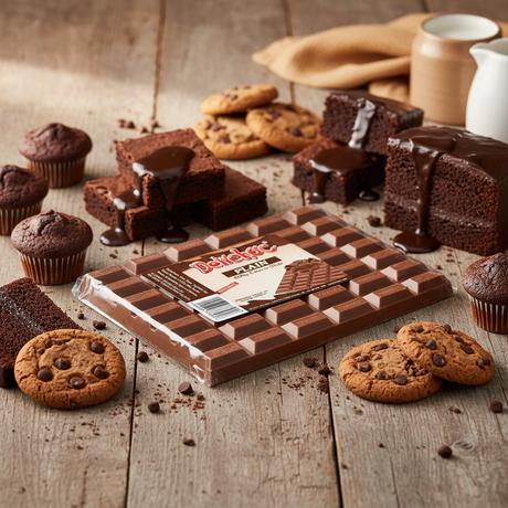 A bar of milk chocolate wrapped in clear plastic packaging sits on a rustic wooden table surrounded by chocolate desserts, including chocolate cake slices with dripping chocolate, chocolate chip cookies, and chocolate chip muffins.