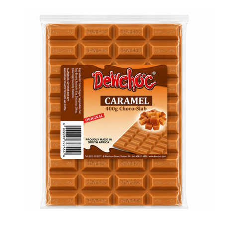 A package of Dewchoc Caramel 400g chocolate slab, showing the brown caramel-colored chocolate bars through a clear plastic wrapper with the brand label in the center.