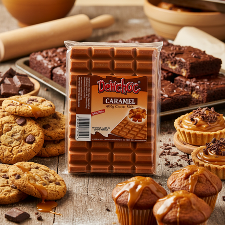 A package of Delicoc Caramel chocolate bars stands on a rustic wooden table surrounded by cookies, cupcakes, muffins, and brownies, with baking tools and bowls in the background.