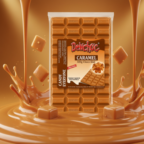 A package of Deichoc Caramel Chocolate Slab (400g) standing upright in a stylized studio setting with caramel syrup splashes and floating chocolate cubes around it.