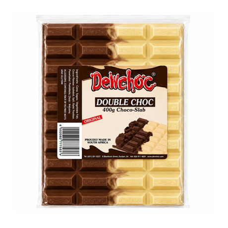 A 400g package of DeW choc Double Choc 400g Choco-Tab, showing a split design of dark brown chocolate on the left and milk chocolate on the right, with a central label.