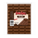 A 400g package of Delchoc Plain Choco-Slab chocolate bar, featuring a clear plastic wrapper with a brown and white label in the center.