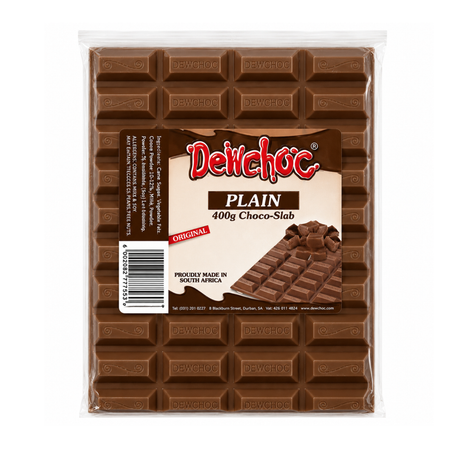 A 400g package of Delchoc Plain Choco-Slab chocolate bar, featuring a clear plastic wrapper with a brown and white label in the center.