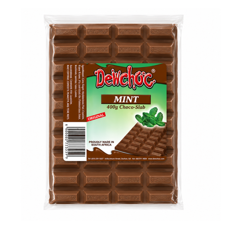 A 400g package of Delichoc Mint Choco-Slab chocolate bar, showing the brown chocolate segmented bars through a clear plastic wrapper with a green and red label.