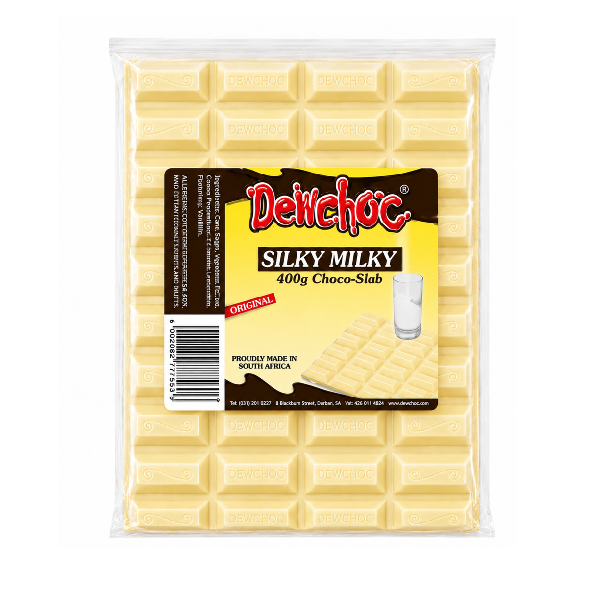 A 400g package of Delchoz Silky Milky Choco-Slab chocolate bar, showing the pale yellow chocolate bars through a clear plastic wrapper with a yellow and brown label.