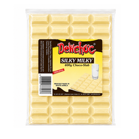 A 400g package of Delchoz Silky Milky Choco-Slab chocolate bar, showing the pale yellow chocolate bars through a clear plastic wrapper with a yellow and brown label.