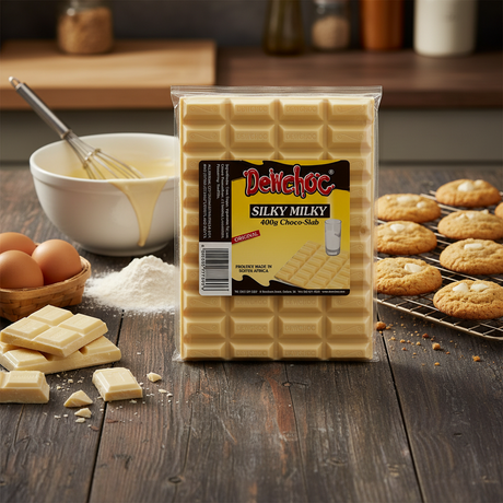 A package of Delitec Silky Milky Soft Cheese-Sab chocolate bars stands on a rustic wooden table, surrounded by baking props including eggs, a bowl with melted chocolate, white powder, and cookies on a cooling rack.
