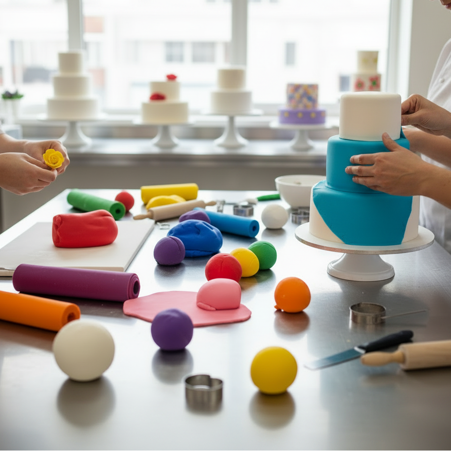 Two people working on a cake with colorful fondant pieces on a table.