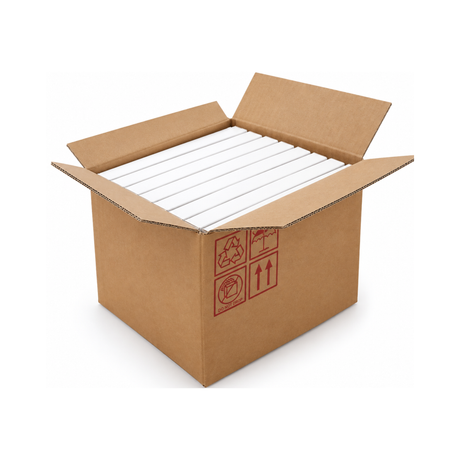 An open brown cardboard shipping box with white protective foam inserts inside, shown on a clean white background. Red handling and shipping symbols are printed on the front panel.