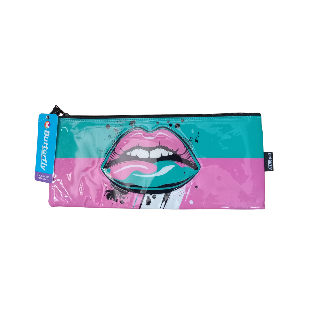 Butterfly Pencil Case - Pink & Teal Lips, (33cm)