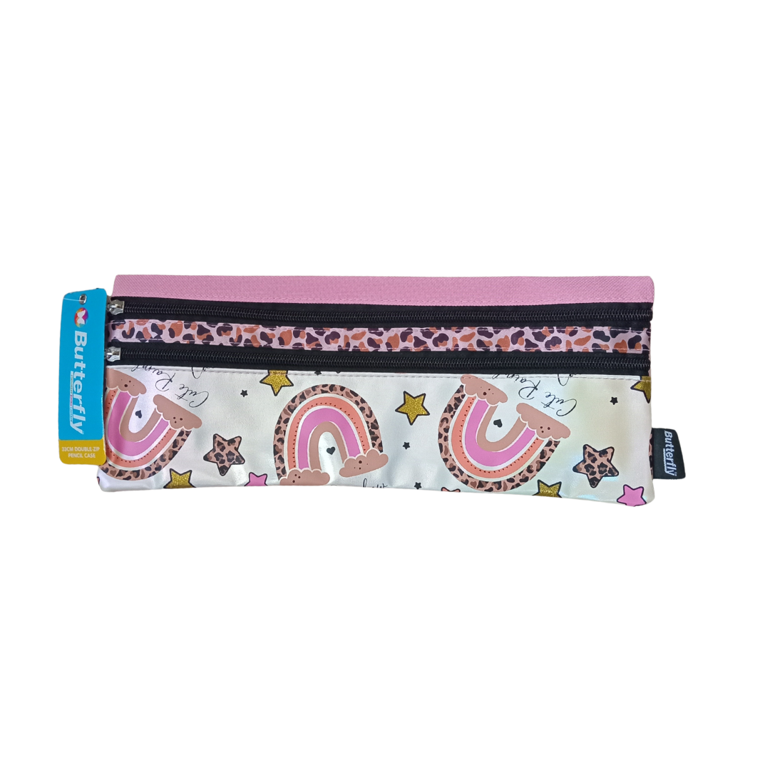 Butterfly Pencil Case - Rainbow, Double Zip, (33cm)