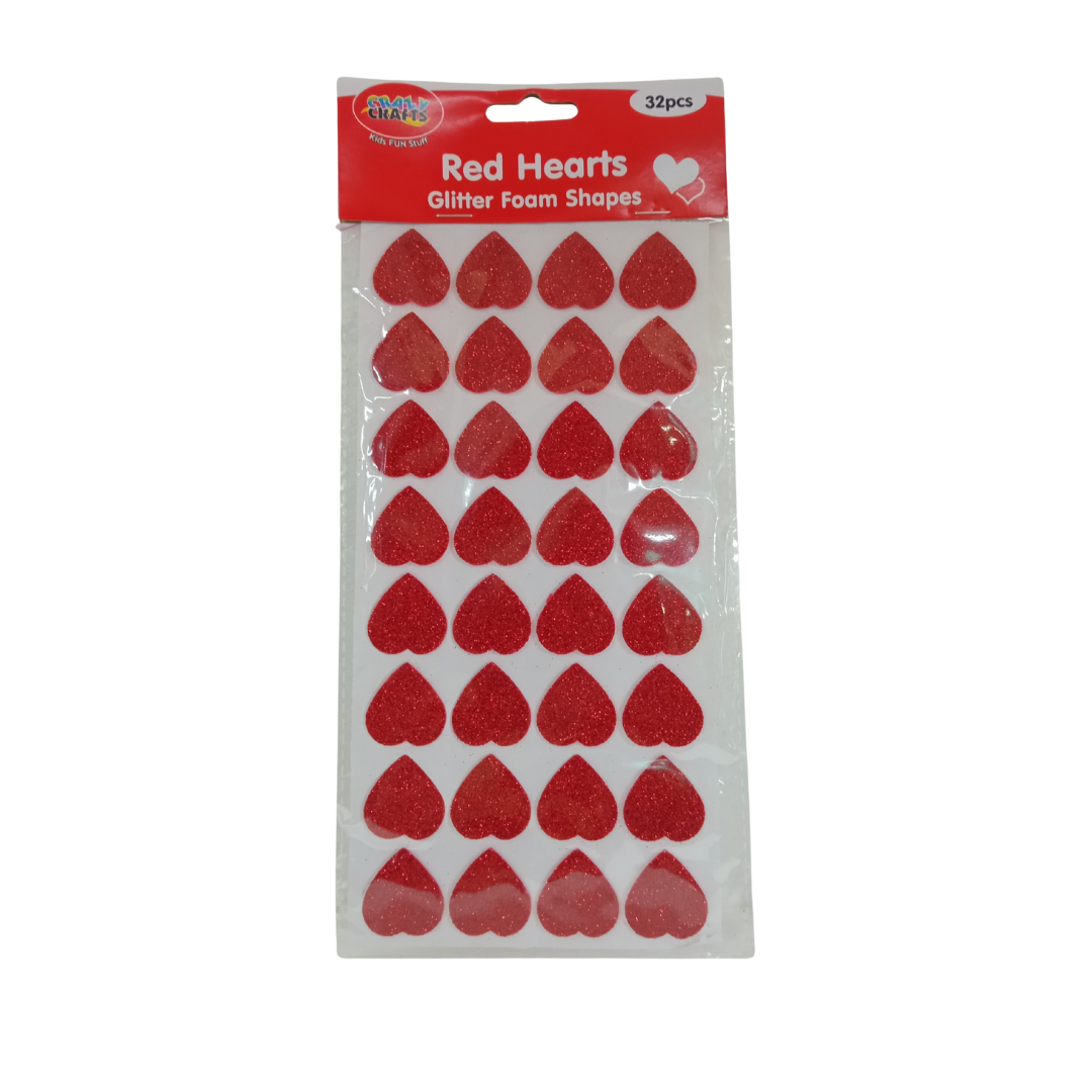 Crazy Craft Glitter Foam Shapes - Red Hearts, 32pcs