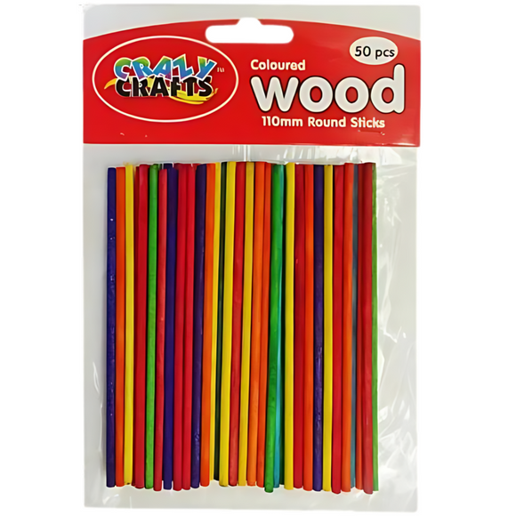 Crazy Craft Wood Sticks - Round, Coloured, 110mm, 50s