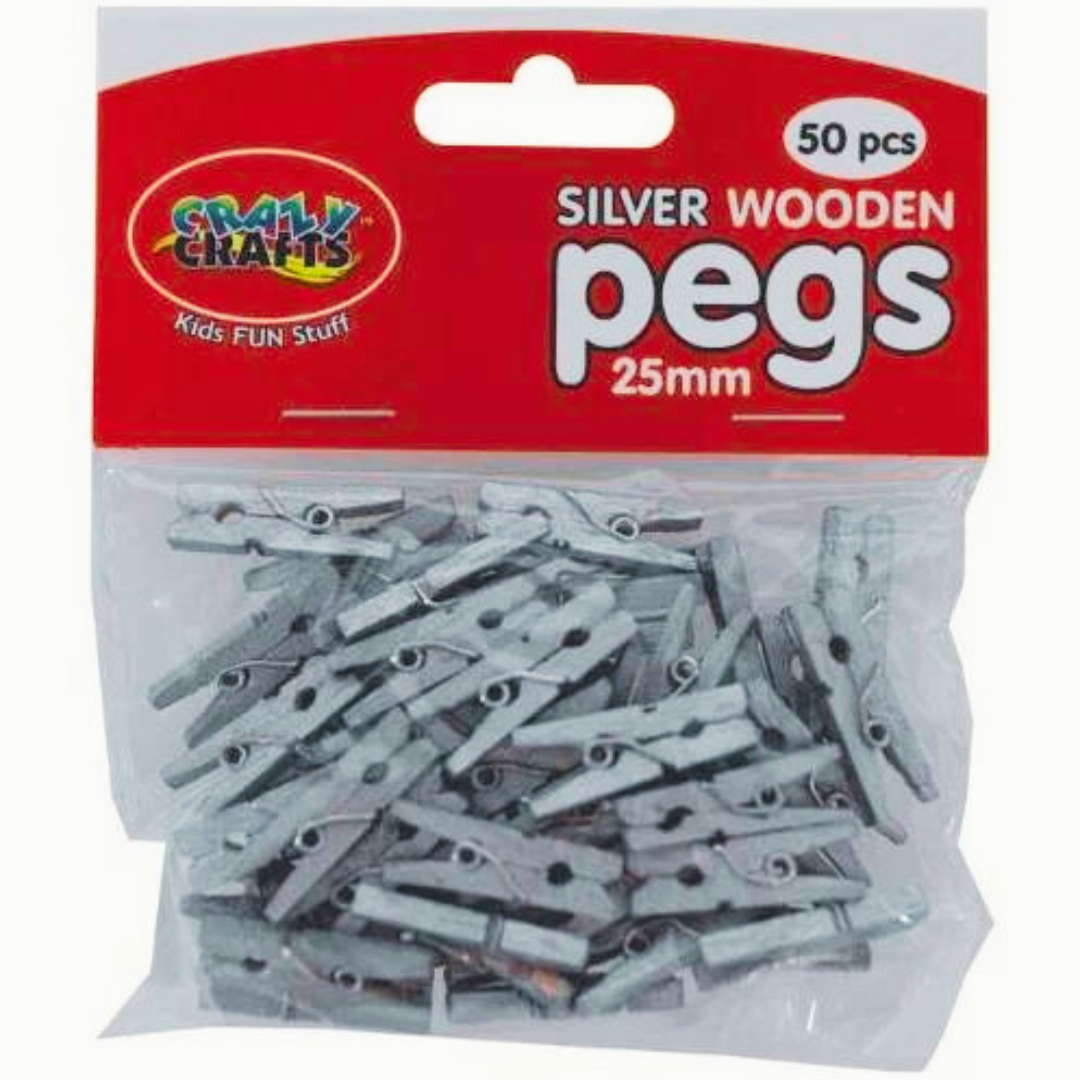 Crazy Crafts Silver Mini Pegs - Wooden