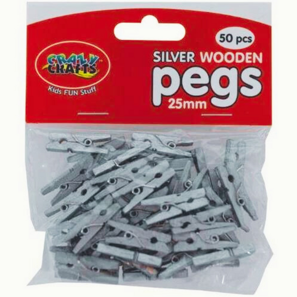 Crazy Crafts Silver Mini Pegs - Wooden