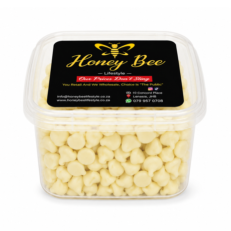 A clear plastic tub filled with pale yellow honeycomb wax melts, featuring a black label with gold and red text that reads 'Honey Bee Lifestyle'.